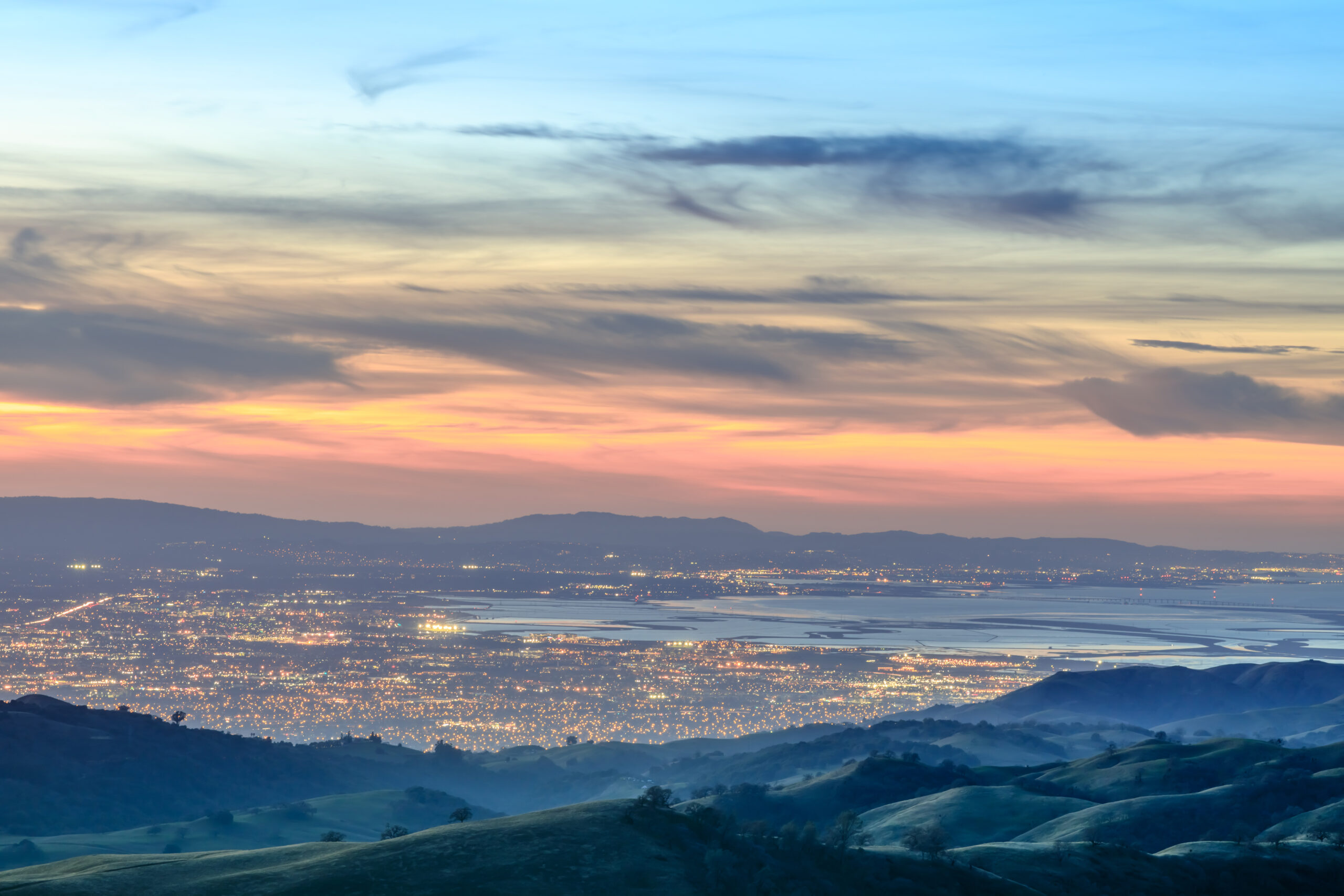 Silicon Valley Views from above. Santa Clara Valley at dusk as s