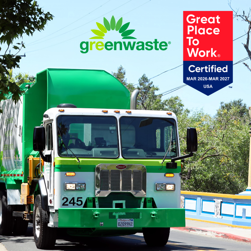 GreenWaste truck driving with the Great Place To Work Certification badge